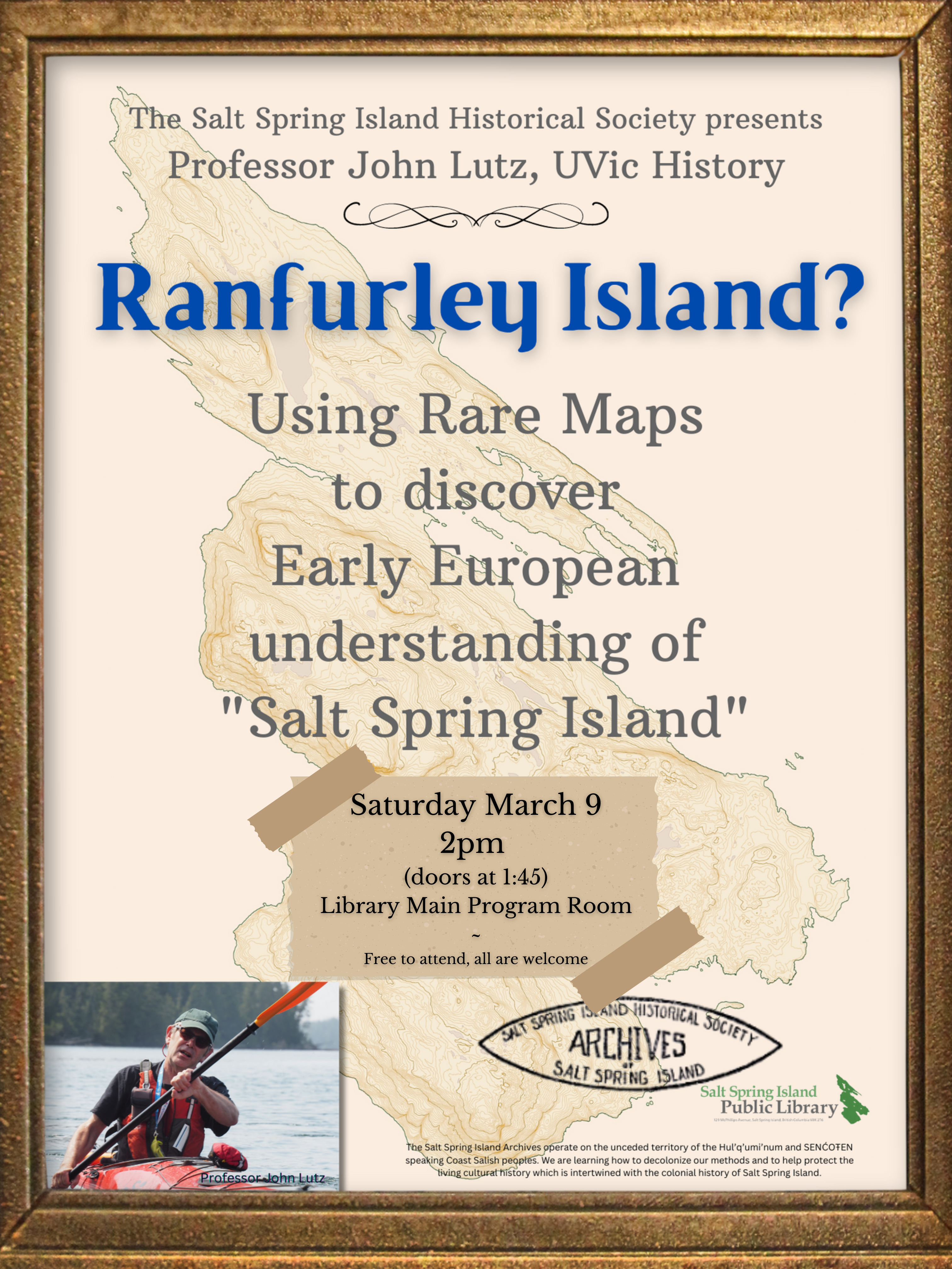 poster for Prof. John Lutz talk on early names for Saltspring Island