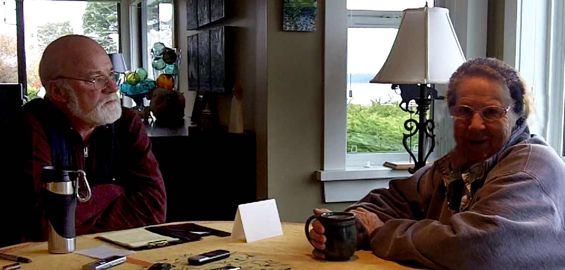 Arthur Black in conversation with Nancy Wigen at Susan Good's house.