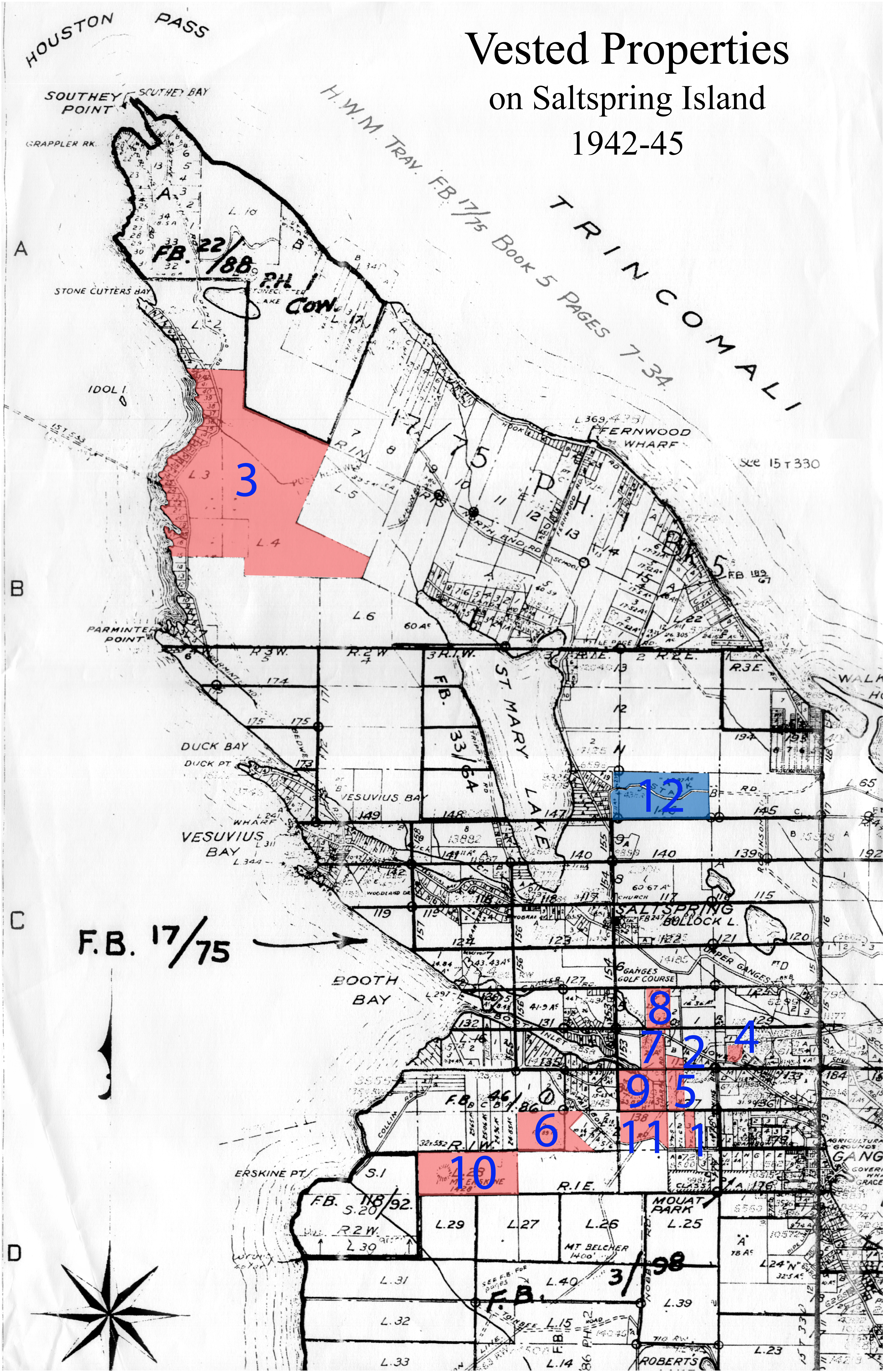 map showing Japanese Canadian properties vested with the Custodian of Enemy Property