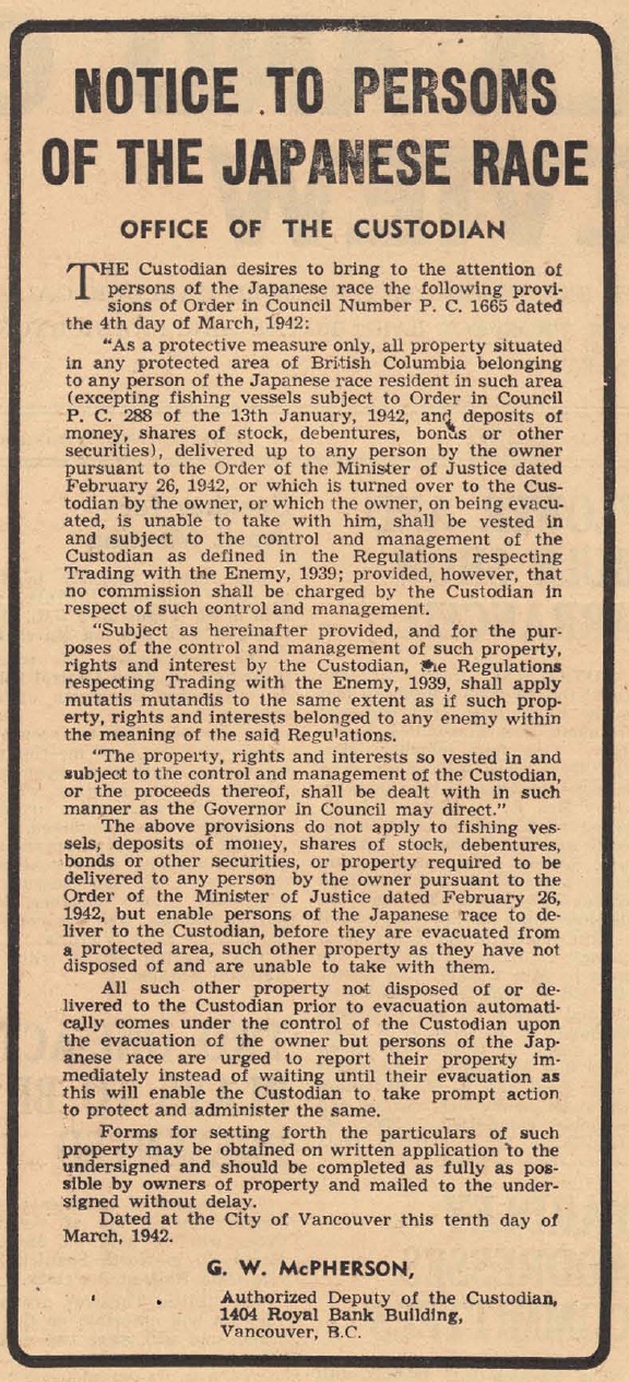 poster advising Japanese Canadians that their property must be vested with the Custodian of Enemy Property